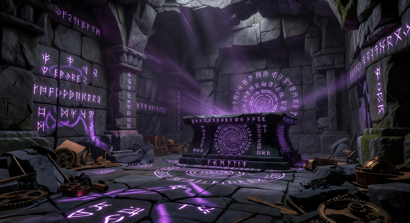 Ancient dungeon ruins carved directly into deep gray stone, lit by glowing purple magic