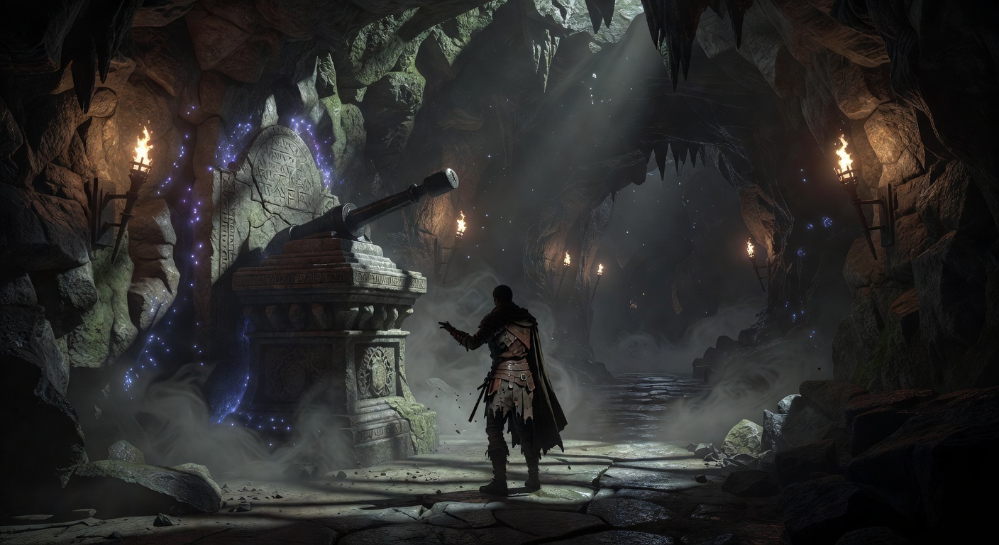 Cinematic view of a dark, foggy cave entrance lit by dim torches leading deep underground